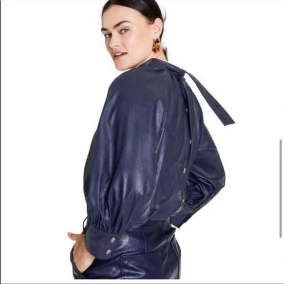 NWOT Rachel Comey For Target Long Sleeve Faux Leather Tie Back Top Navy Blue - Picture 3 of 6